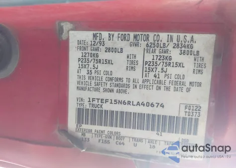 1994 Ford F150 from USA, damaged, VIN 1FTEF15N6RLA40674